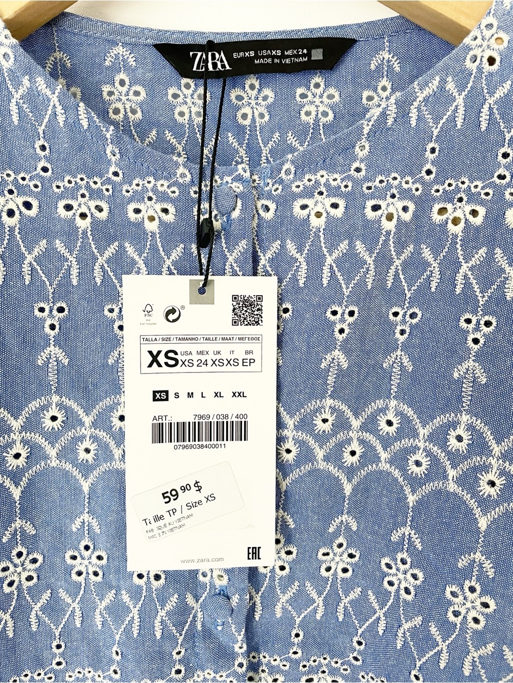 Zara cotton light blue embroidered blouse size XS - Picture 12 of 14
